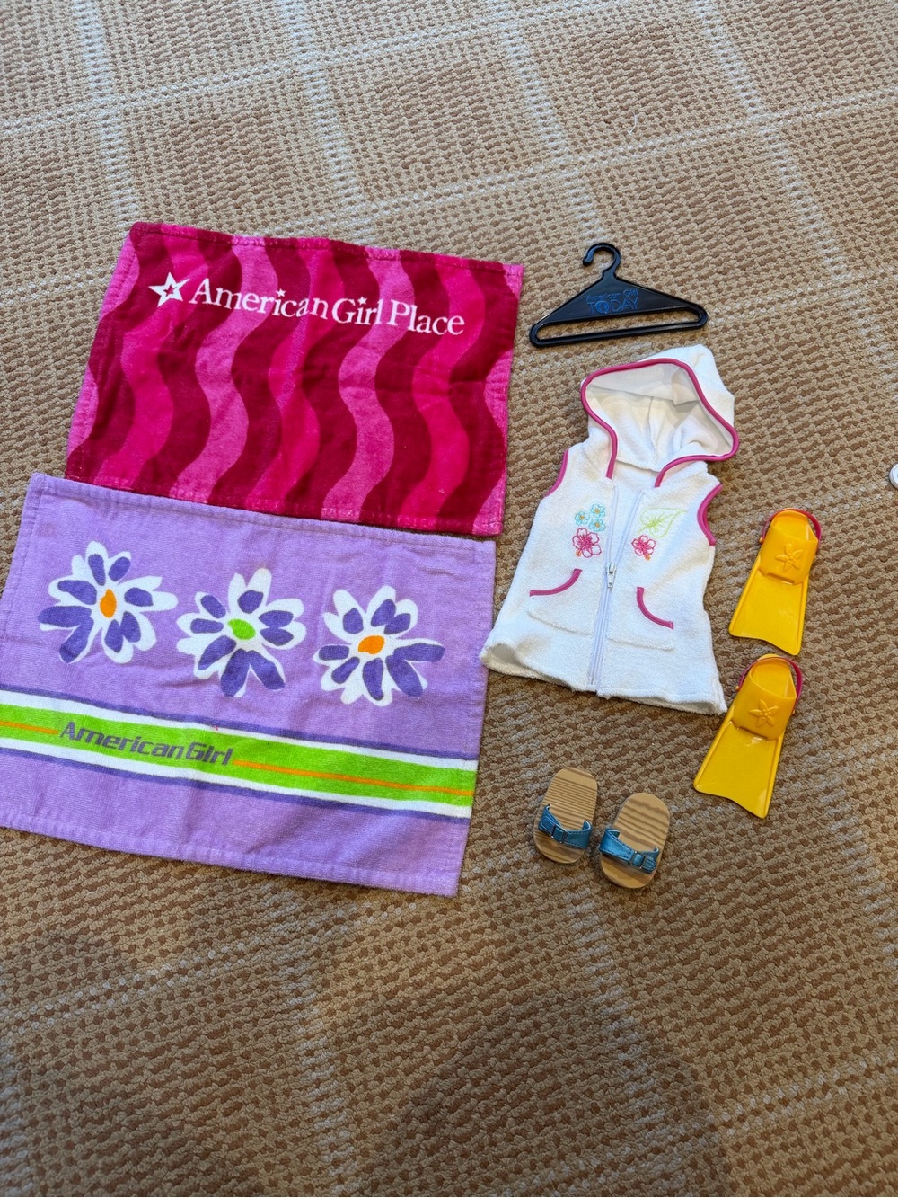 American Girl Pink & Purple Towel Set with White Hooded zip up cover up.